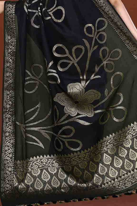 Banarasi soft silk saree with floral golden motifs weaving- Black