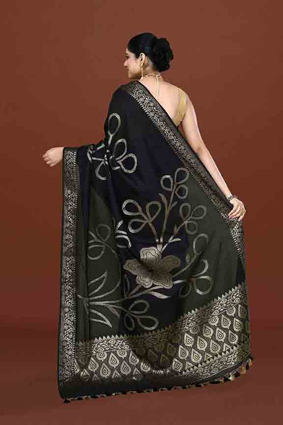 Banarasi soft silk saree with floral golden motifs weaving- Black