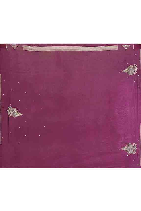 Banarasi soft silk saree with gold and silver zari weaving and cutdana embroidery in border- Violet
