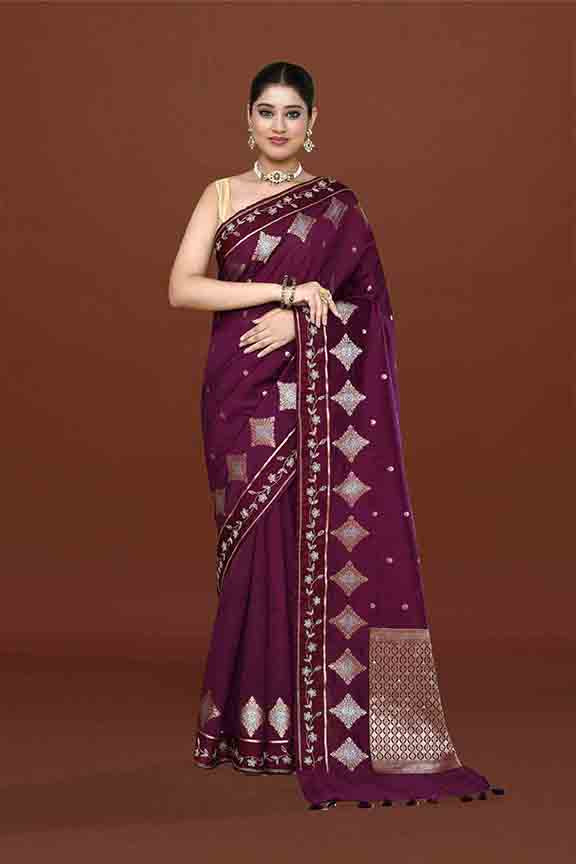 Banarasi soft silk saree with gold and silver zari weaving and cutdana embroidery in border- Violet