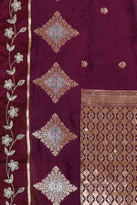 Banarasi soft silk saree with gold and silver zari weaving and cutdana embroidery in border- Violet