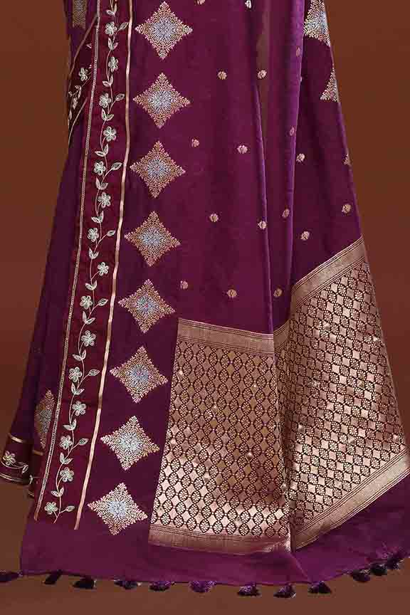 Banarasi soft silk saree with gold and silver zari weaving and cutdana embroidery in border- Violet