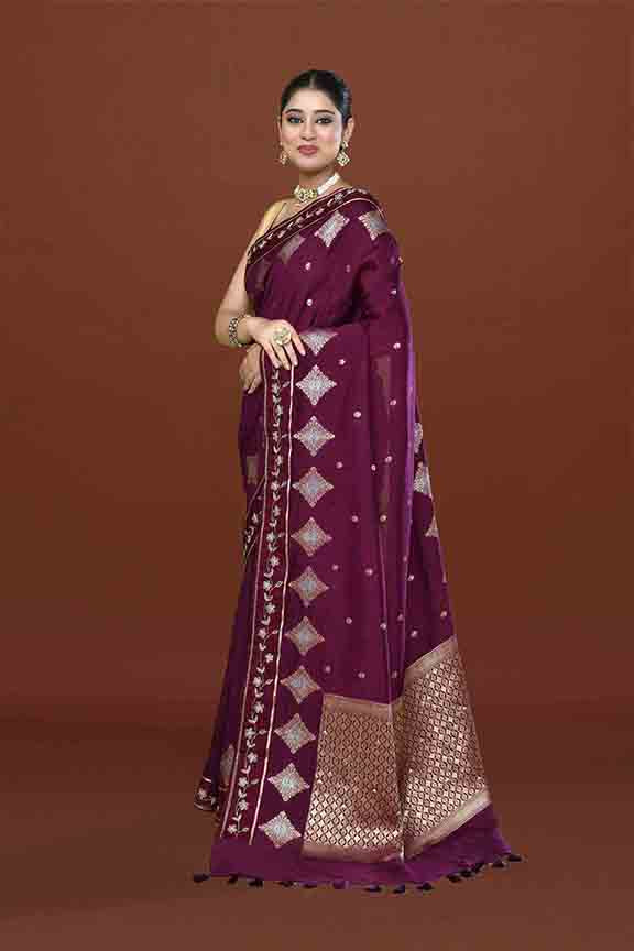 Banarasi soft silk saree with gold and silver zari weaving and cutdana embroidery in border- Violet