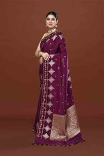 Banarasi soft silk saree with gold and silver zari weaving and cutdana embroidery in border- Violet