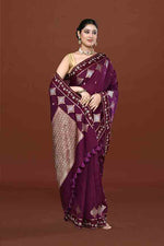 Banarasi soft silk saree with gold and silver zari weaving and cutdana embroidery in border- Violet