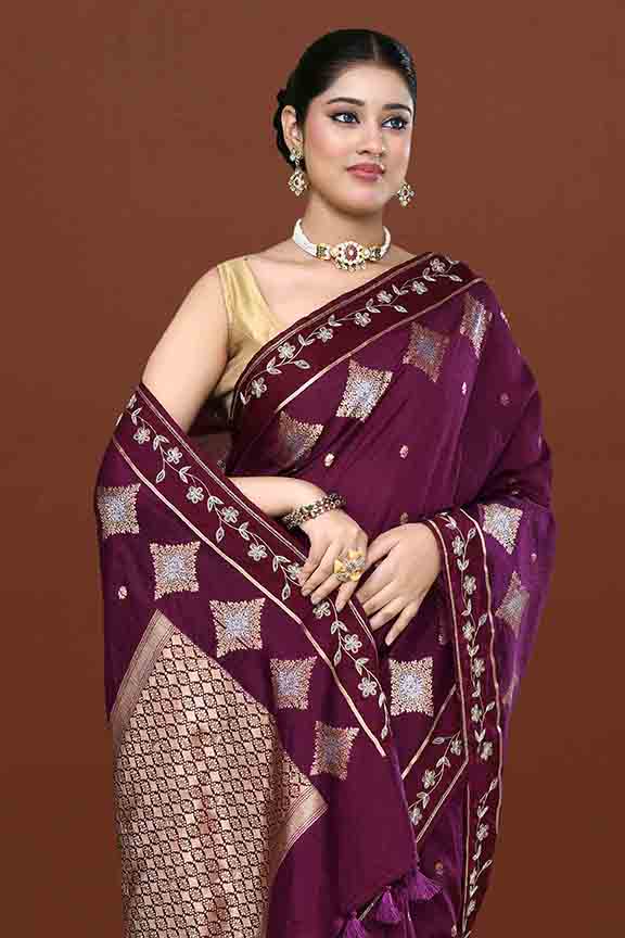 Banarasi soft silk saree with gold and silver zari weaving and cutdana embroidery in border- Violet