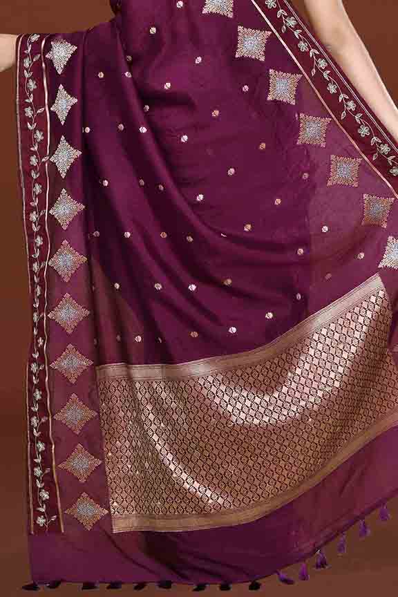 Banarasi soft silk saree with gold and silver zari weaving and cutdana embroidery in border- Violet