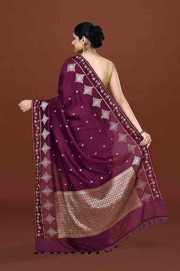 Banarasi soft silk saree with gold and silver zari weaving and cutdana embroidery in border- Violet