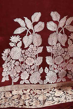 Pure handloom mashru silk plain saree with narrow golden border, woven pallu and blouse-Burgundy
