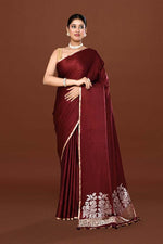 Pure handloom mashru silk plain saree with narrow golden border, woven pallu and blouse-Burgundy