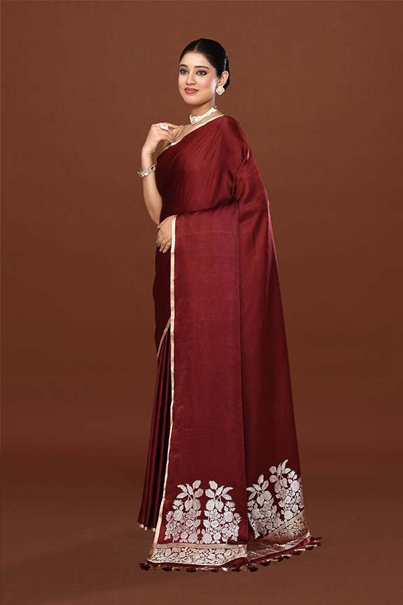 Pure handloom mashru silk plain saree with narrow golden border, woven pallu and blouse-Burgundy