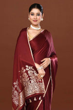 Pure handloom mashru silk plain saree with narrow golden border, woven pallu and blouse-Burgundy