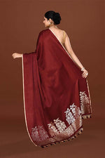 Pure handloom mashru silk plain saree with narrow golden border, woven pallu and blouse-Burgundy