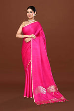 Pure handloom mashru silk plain saree with narrow golden border, woven pallu and blouse-Fuchsia pink