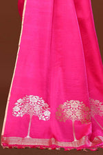 Pure handloom mashru silk plain saree with narrow golden border, woven pallu and blouse-Fuchsia pink