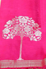 Pure handloom mashru silk plain saree with narrow golden border, woven pallu and blouse-Fuchsia pink