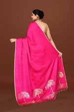 Pure handloom mashru silk plain saree with narrow golden border, woven pallu and blouse-Fuchsia pink