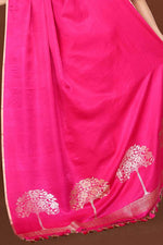 Pure handloom mashru silk plain saree with narrow golden border, woven pallu and blouse-Fuchsia pink