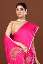 Pure handloom mashru silk plain saree with narrow golden border, woven pallu and blouse-Fuchsia pink