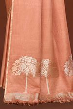 Pure handloom mashru silk plain saree with narrow golden border, woven pallu and blouse-Light Peach