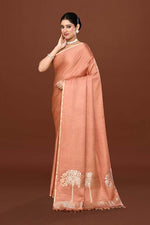 Pure handloom mashru silk plain saree with narrow golden border, woven pallu and blouse-Light Peach