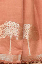 Pure handloom mashru silk plain saree with narrow golden border, woven pallu and blouse-Light Peach