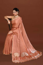 Pure handloom mashru silk plain saree with narrow golden border, woven pallu and blouse-Light Peach