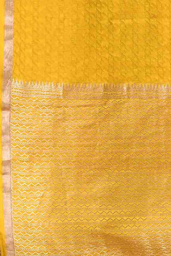 Pure handloom mashru silk self printed saree with narrow golden border, woven pallu and blouse-Mango yellow