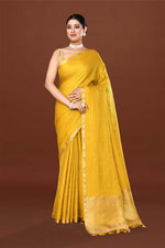 Pure handloom mashru silk self printed saree with narrow golden border, woven pallu and blouse-Mango yellow