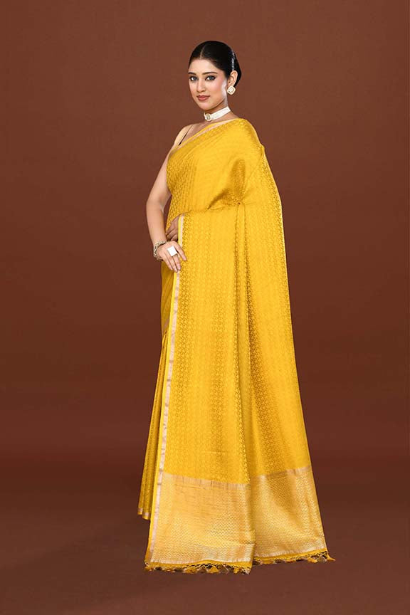 Pure handloom mashru silk self printed saree with narrow golden border, woven pallu and blouse-Mango yellow