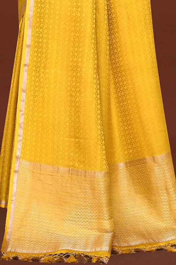 Pure handloom mashru silk self printed saree with narrow golden border, woven pallu and blouse-Mango yellow