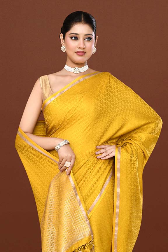 Pure handloom mashru silk self printed saree with narrow golden border, woven pallu and blouse-Mango yellow