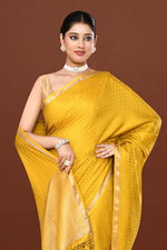 Pure handloom mashru silk self printed saree with narrow golden border, woven pallu and blouse-Mango yellow