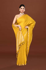 Pure handloom mashru silk self printed saree with narrow golden border, woven pallu and blouse-Mango yellow