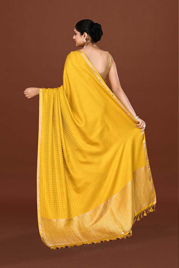 Pure handloom mashru silk self printed saree with narrow golden border, woven pallu and blouse-Mango yellow