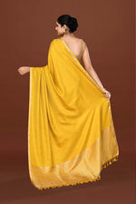 Pure handloom mashru silk self printed saree with narrow golden border, woven pallu and blouse-Mango yellow