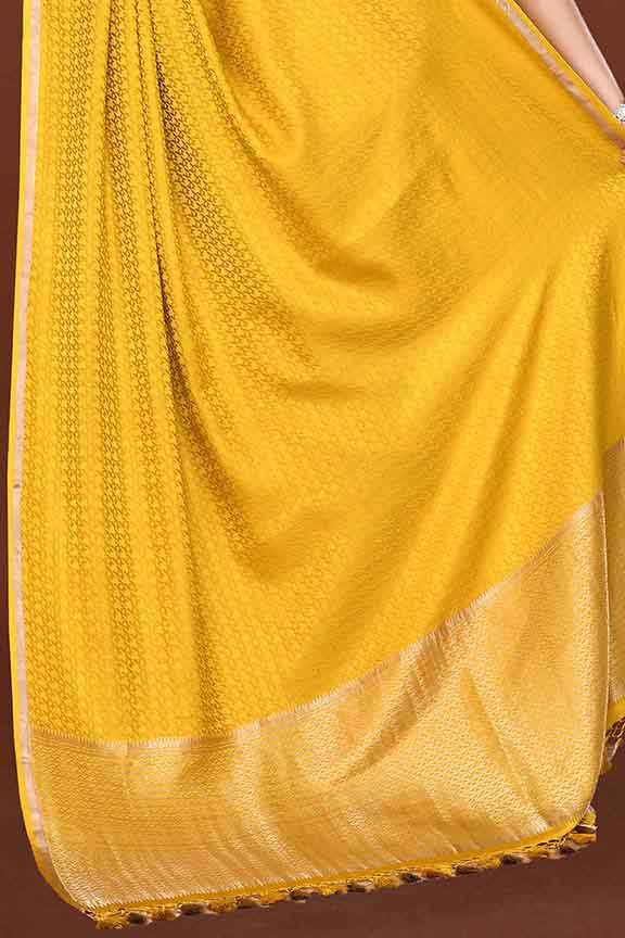 Pure handloom mashru silk self printed saree with narrow golden border, woven pallu and blouse-Mango yellow