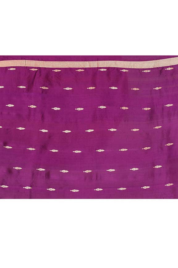 Pure handloom munga silk saree with banarasi floral pattern kadwa weaving in silver & gold zari with satin border-purple