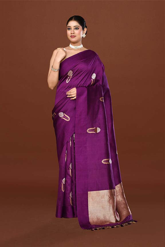 Pure handloom munga silk saree with banarasi floral pattern kadwa weaving in silver & gold zari with satin border-purple