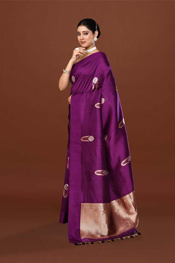 Pure handloom munga silk saree with banarasi floral pattern kadwa weaving in silver & gold zari with satin border-purple