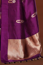 Pure handloom munga silk saree with banarasi floral pattern kadwa weaving in silver & gold zari with satin border-purple