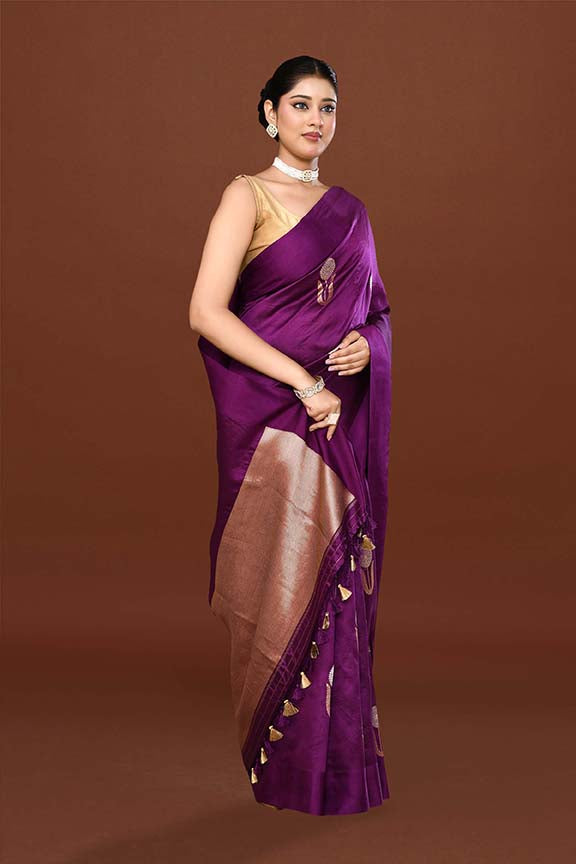 Pure handloom munga silk saree with banarasi floral pattern kadwa weaving in silver & gold zari with satin border-purple