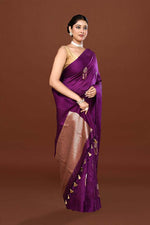 Pure handloom munga silk saree with banarasi floral pattern kadwa weaving in silver & gold zari with satin border-purple