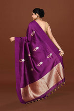 Pure handloom munga silk saree with banarasi floral pattern kadwa weaving in silver & gold zari with satin border-purple
