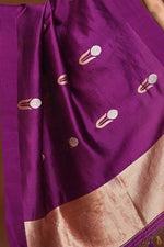 Pure handloom munga silk saree with banarasi floral pattern kadwa weaving in silver & gold zari with satin border-purple