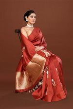 Pure handloom munga silk saree with banarasi floral pattern kadwa weaving in silver & gold zari with satin border-Maroon
