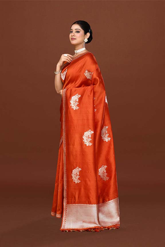 Pure handloom katan silk banarasi saree with real silver zari kadwa weaving-Orange