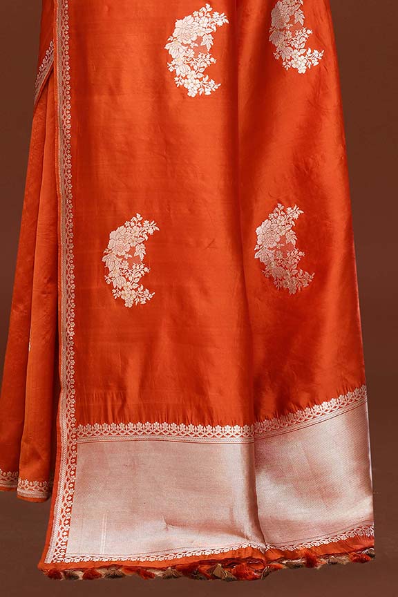 Pure handloom katan silk banarasi saree with real silver zari kadwa weaving-Orange