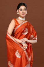 Pure handloom katan silk banarasi saree with real silver zari kadwa weaving-Orange