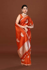 Pure handloom katan silk banarasi saree with real silver zari kadwa weaving-Orange